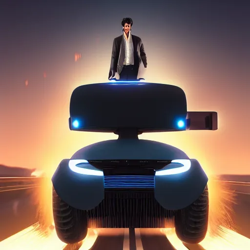 Image similar to Giant head of David Copperfield, dark hair, heavy eyebrows, on the top of a robotic vehicle with wheels running on a californian highway, rays of light, particles light, kuvshinov ilya, unreal engine, by sasha kalinkin