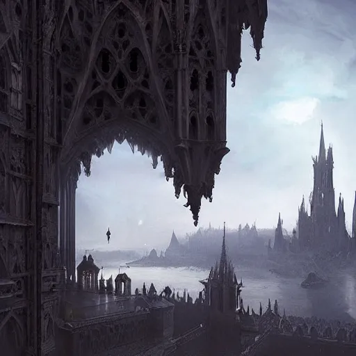 Prompt: floating flying castle with gothic architecture and swarms of tiny black specks, by Greg Rutkowski and Raphael Lacoste, detailed, volumetric lighting, dusk