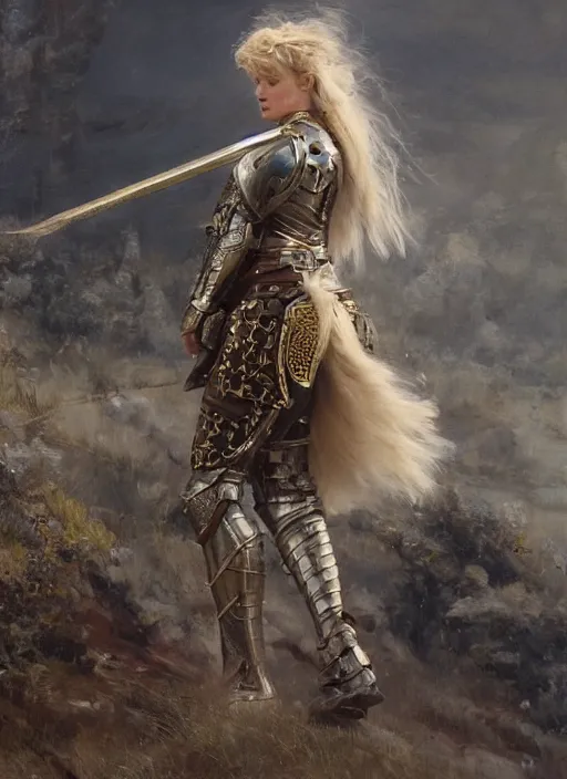 Image similar to short muscular blonde woman wearing realistic medieval armour, mackenzie davis, detailed by gaston bussiere, bayard wu, greg rutkowski, maxim verehin, greg rutkowski, masterpiece, sharp focus, cinematic lightning