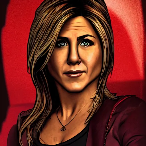 Image similar to jennifer aniston portrait, borderlands, tales from the borderlands, the wolf among us, comic, cinematic lighting, studio quality, 8 k