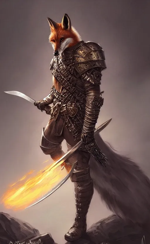 Prompt: d & d fantasy stocky fox warrior wearing leather armour, holding a scimitar and war pick, in a fantasy landscape, intricate, elegant, highly detailed, digital painting, artstation, concept art, matte, sharp focus, illustration, art by artgerm and greg rutkowski