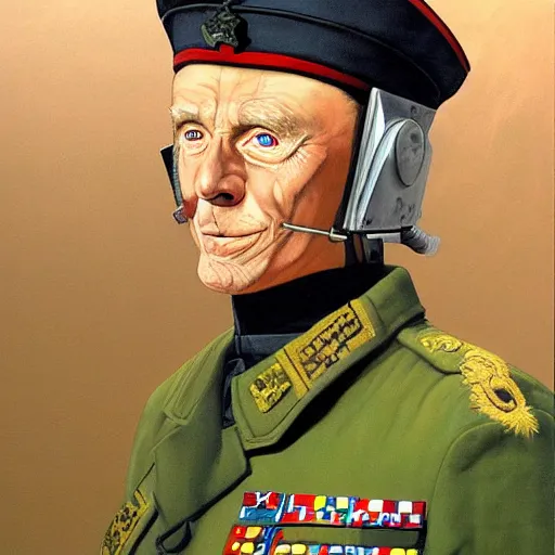 Prompt: peter elson painting of an decorated anthropomorphic dog in an army uniform