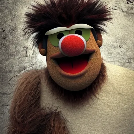 Image similar to a still of a forgotten muppet character looking very manly and modern, hilarious, laughing, hairy chest, huge chin, manly monster tough guy, roughled fur, photo real, photographic, photograph, artstation, trending, featured