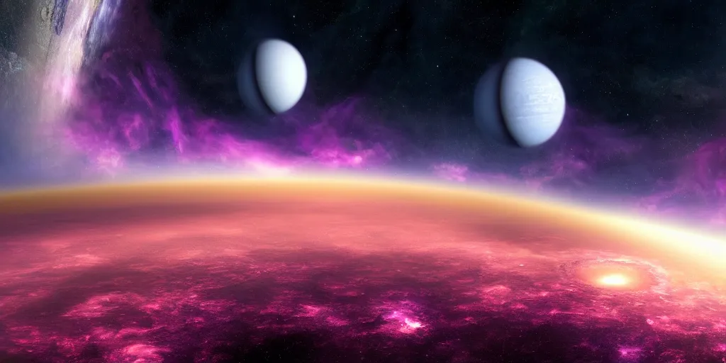 Image similar to an image of two planets with beautiful swirling purple clouds in the background. one planet is earth - like. a digital rendering, magnificent space art, pixabay contest winner. uhd image from space engine. extremely high fov.