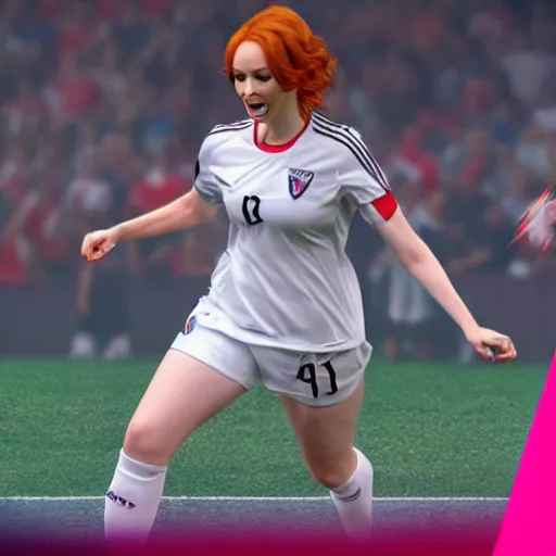 Prompt: Christina Hendricks as soccer player scoring goal, realistic, 4k,