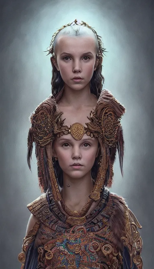 Prompt: girl millie bobby brown, mongolian shaman clothing, ritual, fame of thrones, fibonacci, sweat drops, intricate fashion clothing, insane, intricate, highly detailed, surrealistic, digital painting, artstation, concept art, smooth, sharp focus, illustration, unreal engine 5, 8 k, art by artgerm and greg rutkowski and alphonse mucha