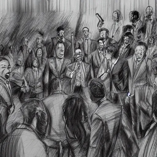 Image similar to highly detailed realistic sketch of UN members in suits yelling at a cyborg samurai, killing each-other , bloody , fear and anger in their eyes, colored , award winning , masterpiece on a scroll , post-processing