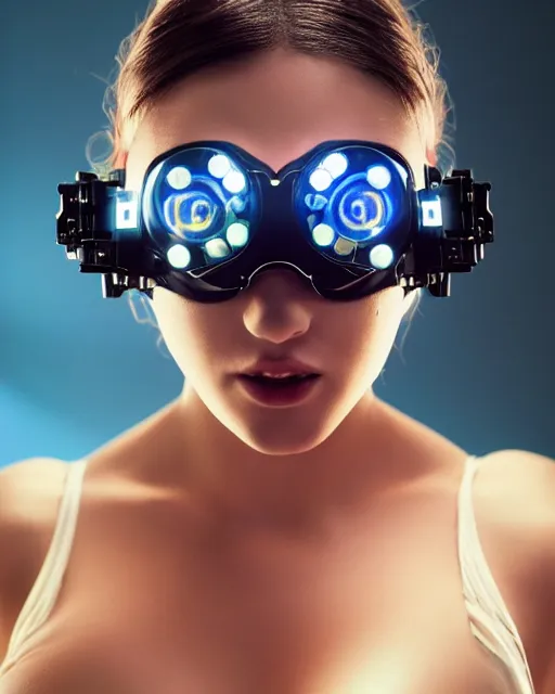 Image similar to low angle portrait photo by bouguereau of female dancer as a cyberpunk mecha humanoid robotic parts wearing goggles with led lights, inside white room, ultra - realistic and detailed, 8 k