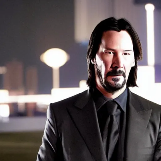 Prompt: keanu reeves in tron legacy city, dressed as a citizen of the city, award winning photography