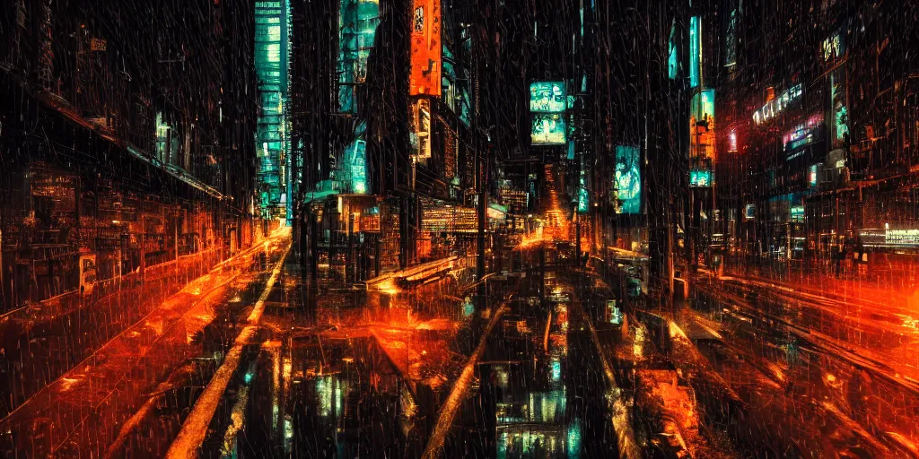 Prompt: a city street at night, raining, photograph, cyberpunk, sharp focus, intricate detail, Desolate, drone shot,