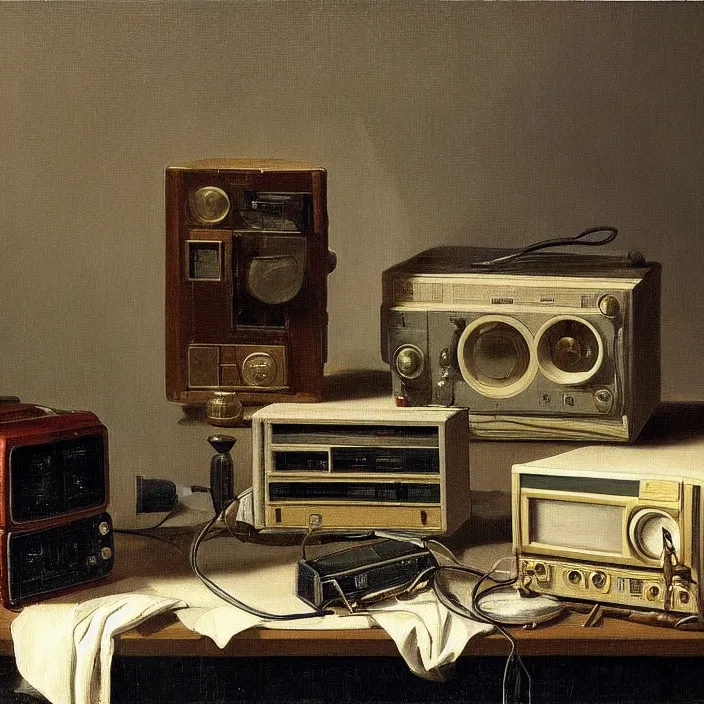 Image similar to still life painting of a retro electronics by pieter claesz, oil on canvas, strong lighting, highly detailed, hyper realism, golden hour, god rays, hd, 4 k