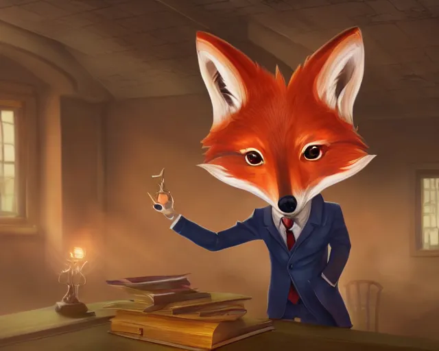 Image similar to award - winning extremely detailed fantasy art of a cute male anthropomorphic vulpes vulpes fulva teacher wearing suit working at a school, 4 k cinematic still, dramatic lighting