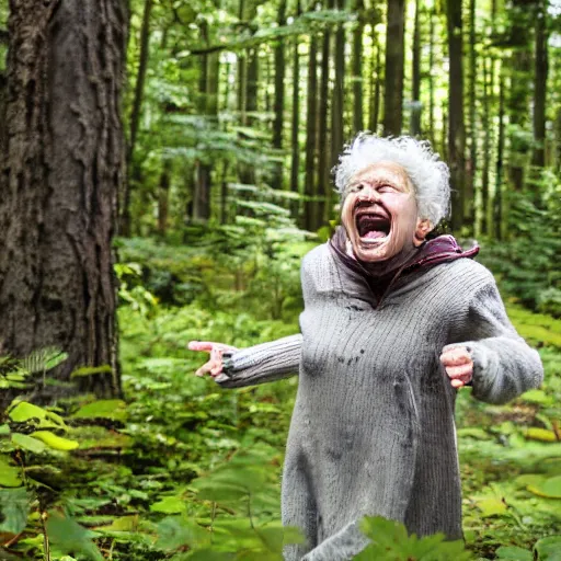 Image similar to elderly woman screaming at a terrifying creature in the woods, canon eos r 3, f / 1. 4, iso 2 0 0, 1 / 1 6 0 s, 8 k, raw, unedited, symmetrical balance, wide angle