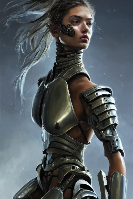 Image similar to a photorealistic painting of an attractive young girl, partially clothed in dirty metal-plated battle armor, dirty olive skin, long dark hair, beautiful bone structure, perfectly symmetrical face, perfect eyes, intricate, elegant, action pose, digital painting, concept art, illustration, sharp focus, minimal artifacts, volumetric lighting, from Metal Gear, in the style of Ruan Jia and Mandy Jurgens and Greg Rutkowski, trending on Artstation, award winning