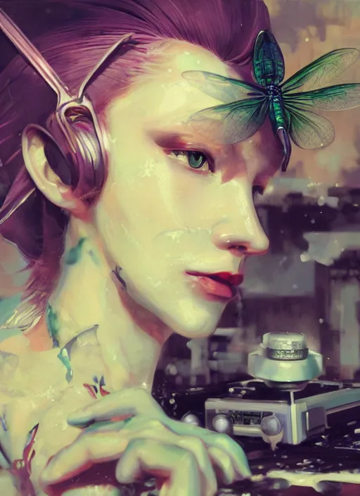 Image similar to surreal gouache painting, by yoshitaka amano, by ruan jia, by conrad roset, by good smile company, detailed anime 3d render of a dragonfly on a DJ mixer, portrait, cgsociety, artstation, rococo mechanical and eletronic, dieselpunk atmosphere