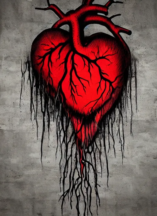 Image similar to dripping anatomical human heart with roots growing above it, sadness, dark ambiance, concept by godfrey blow, graffiti by banksy, featured on deviantart, sots art, lyco art, artwork, photoillustration, poster art, black and red