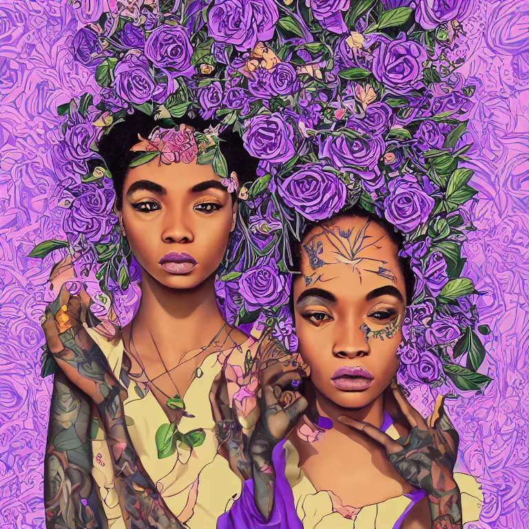 Prompt: gorgeous symmetrical portrait of a crazy black woman with lavender and rose florals growing from her head by tristan eaton and james jean, hyper detailed painting, distance, centered, hd, hq, high resolution, high detail, 4 k, 8 k