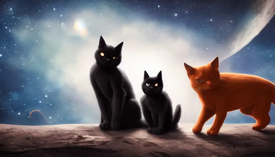 Prompt: black cat and brown dog looking at the stars together, hyperdetailed, artstation, cgsociety, 8 k