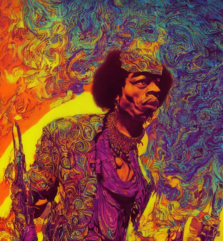 Prompt: jimi hendrix full body, colourful afrofuturist biomorphic opart in background, octane render 8 k, pascal blanche, josh kirby, roger dean, giger, arthur rackham, moebius, syd mead, killian eng beksinski, greg hildebrandt, scifi, 8 k