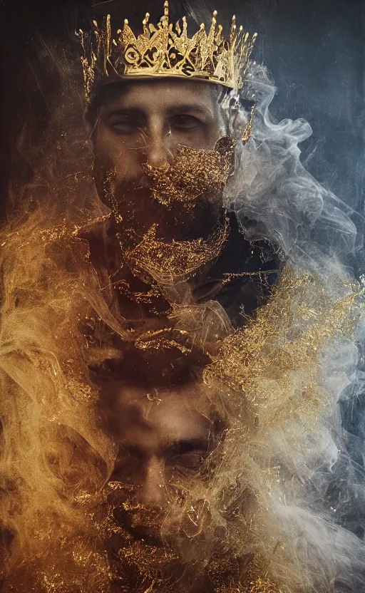 Image similar to 'Portrait of King Arthur' by István Sándorfi and Lee Jeffries royally decorated, whirling smoke, embers, gold encrustations , gilt silk torn fabric, radiant colors, fantasy, perfect lighting, studio lit, micro details,