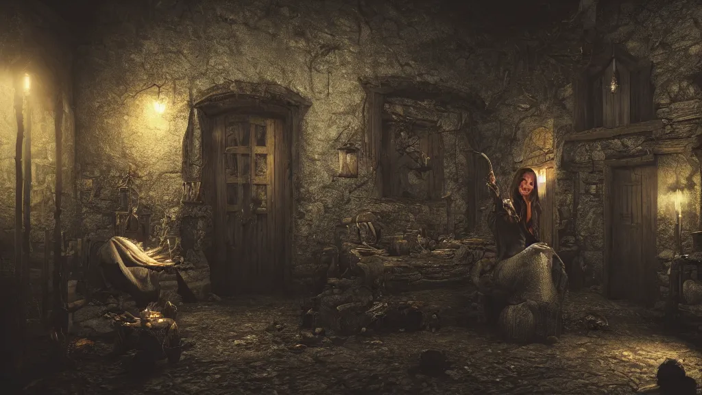 Prompt: A witch in the shadows of a dark decrepit medieval cottage at night, highly detailed interior, hyperrealistic, Octane render, 8k UHD