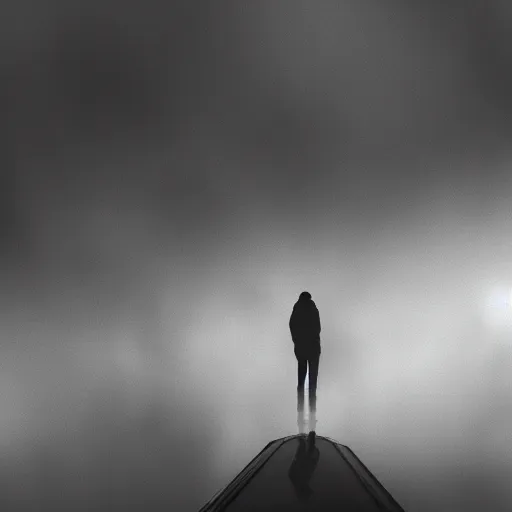Prompt: a person standing on a grey skyscraper looking over at the gray dystopian city, fog, moody, realistic