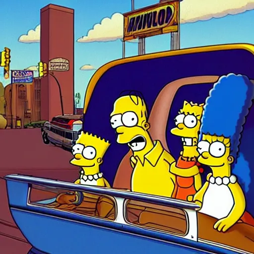 Prompt: the simpsons family riding a limo famous hollywood