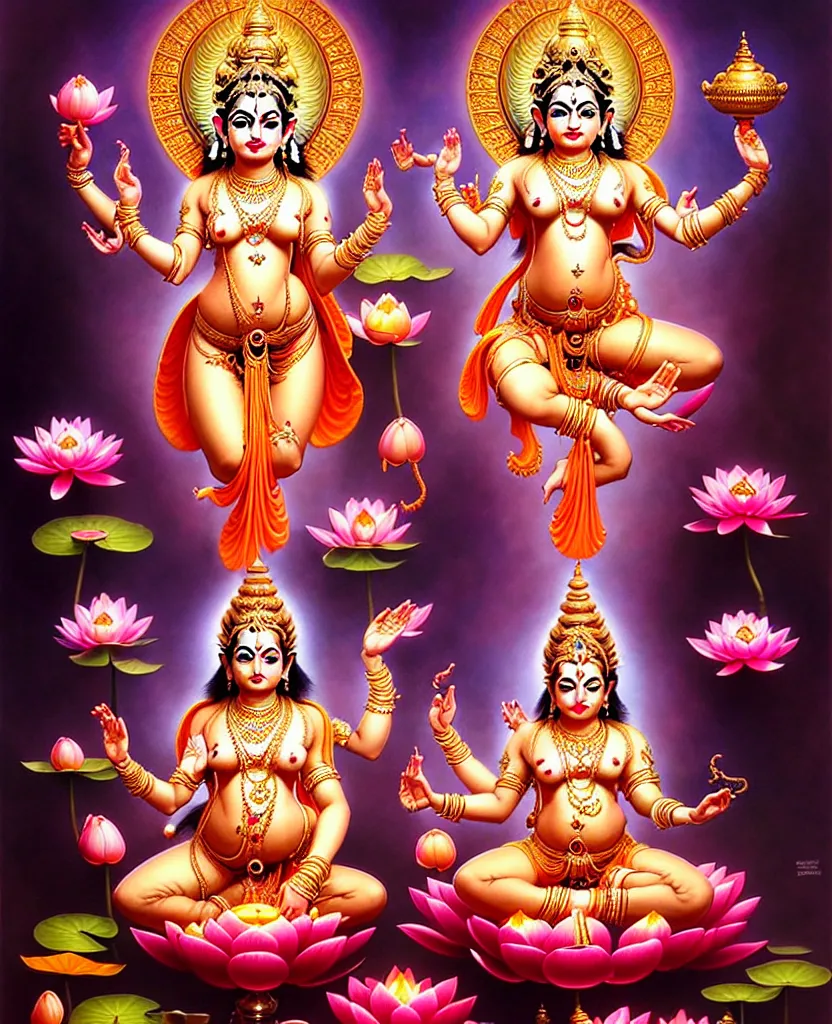 Image similar to beautiful hindu goddess lakshmi fantasy character portrait, four hands, standing on a lotus, single figure composition, full body, chubby, ultra realistic, intricate details, the fifth element artifacts, highly detailed by peter mohrbacher, hajime sorayama, wayne barlowe, boris vallejo, aaron horkey, gaston bussiere, craig mullins