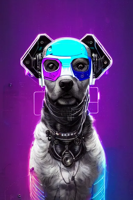 Image similar to a beautiful portrait of a cute cyberpunk dog by sandra chevrier and greg rutkowski and wlop, purple blue color scheme, high key lighting, volumetric light, digital art, highly detailed, fine detail, intricate, ornate, complex, octane render, unreal engine, photorealistic