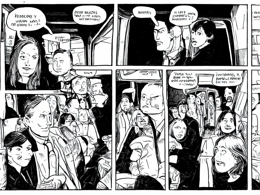 Image similar to a single comic panel by Daniel Clowes, 3/4 low angle view wide shot of two people sitting in an empty Chicago subway train, in front of windows: a sad Aubrey Plaza in a parka and a friendly Mads Mikkelsen in a suit