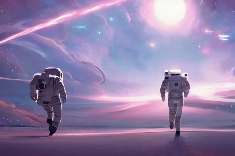 Image similar to astronaut chasing a distant spaceship Anime, wide angle, fine details, cinematic. galaxy starscape. realistic shaded lighting by Ilya Kuvshinov Giuseppe Dangelico Pino and Michael Garmash and Rob Rey greg rutkowski, octane render, IAMAG premiere, aaaa achievement collection, elegant freckles, cinematic hologram, fabulous, daily deviation, annual award winner