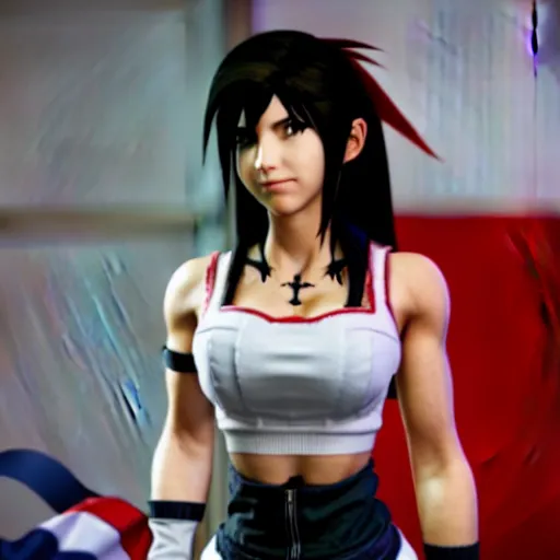 Image similar to Tifa Lockhart from Final Fantasy VII Remake looking at the Italian flag and chuckling to herself