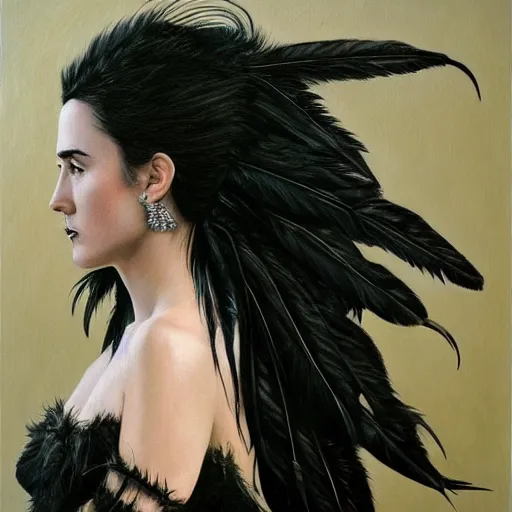 Prompt: detailed realistic oil painting youthful young jennifer connelly with black feathers instead of hair, dark fae, black lips, feathers growing out of skin, feathers growing from arms, black hands with long black claws, pale and sickly, profile view, gothic