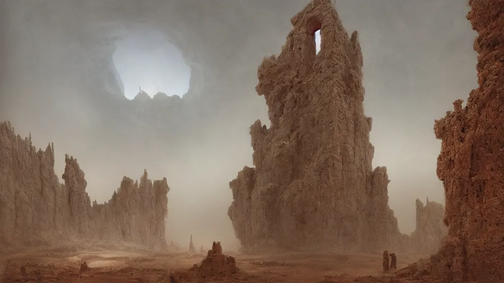 Image similar to a highly detailed Ruin in the desert, giant statues of snakes, singular lightning, very heavy fog in the distance, slightly sharp foreground, rift in the floor, digital art by Zdzisław Beksiński , Ruan Jia, Rudolf Béres