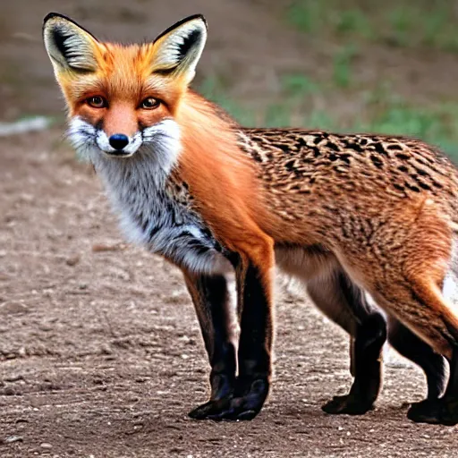 Prompt: a photograph of a fox and ocelot hybrid animal