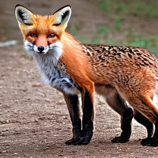 Image similar to a photograph of a fox and ocelot hybrid animal