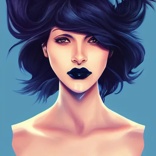 Image similar to a stunning upper body portrait of a beautiful woman with navy blue tinted black hair blowing in the wind by marvel comics, digital art, trending on artstation