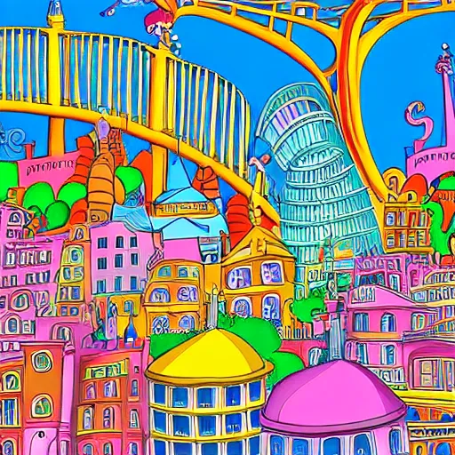 Image similar to fanciful city filled with curvy buildings, by dr seuss, oh the places you'll go, arches, platforms, towers, bridges, stairs, colorful kids book illustration