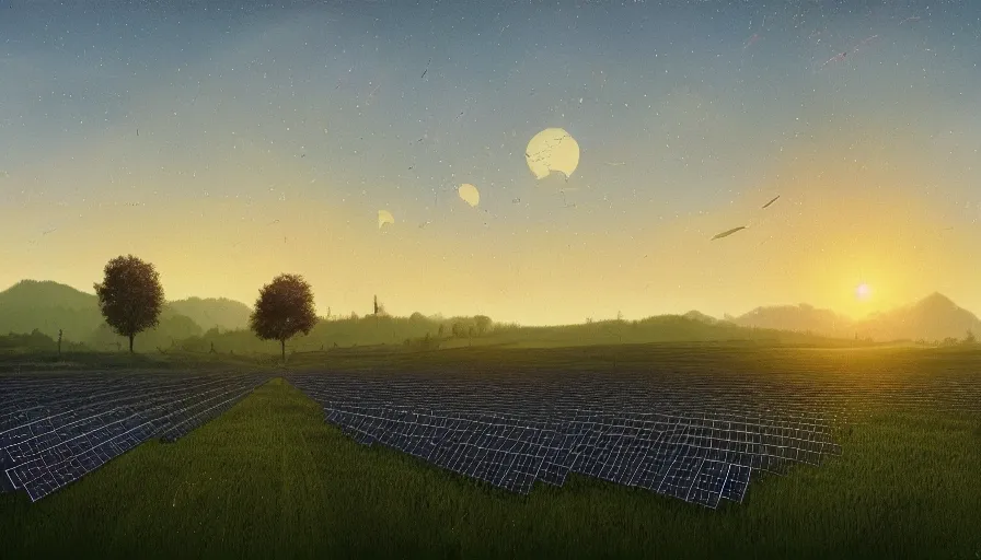 Image similar to field full of solar panels, sun in the sky, early morning, single tree, farmhouse, simon stalenhag