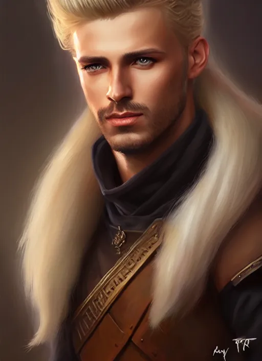 Prompt: a _ fantasy _ style _ portrait _ painting _ of male, medium dark blonde hair side part and blonde stubble, rpg dnd oil _ painting _ unreal _ 5 _ daz. _ rpg _ portrait _ extremely _ detailed _ artgerm _ greg _ rutkowski _ greg