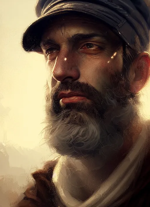 Image similar to portrait of a rugged man wearing a sailors cap, victorian, concept art, detailed face, fantasy, close up face, highly detailed, cinematic lighting, digital art painting by greg rutkowski