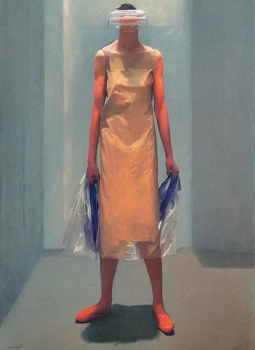 Image similar to woman in a translucent dress made from plastic bag with paper bags for clothes standing inside paper bags with paper bag over the head at store display Edward Hopper and James Gilleard, Zdzislaw Beksinski, highly detailed