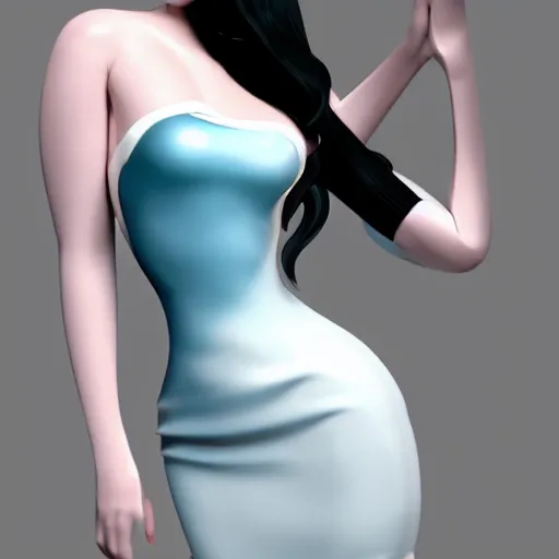 Image similar to an elegant curvy feminine pale goth cutie wearing an elaborate tight latex-nylon-leather white gown with cyan highlights, thin waist, tube-top dress, cgsociety, photorealistic, 16k, smooth, sharp focus, trending on ArtStation, volumetric lighting, worksafe, sublime-comforting-intriuging ambience