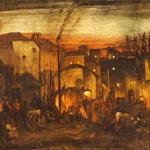 Prompt: ransacked village at night, ablaze, mannerist painting, pre - raphaelite, oil on canvas