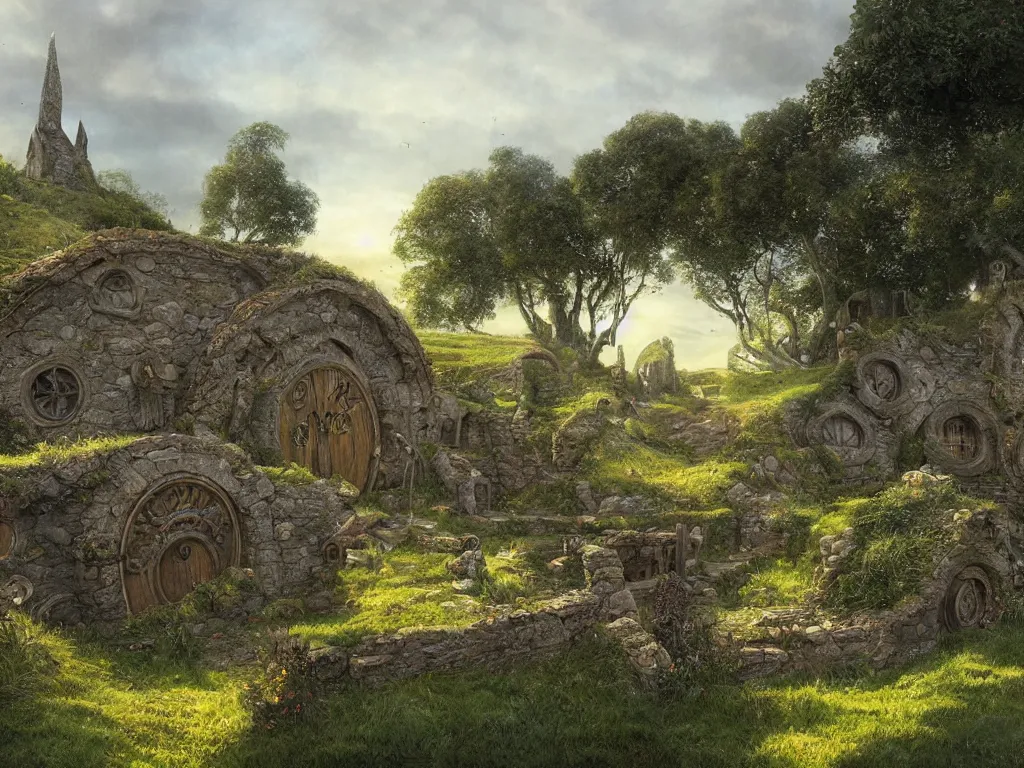 Image similar to Hobbiton in ruins, evening, detailed matte painting, cinematic, Alan Lee, Artstation