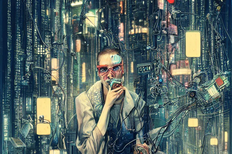 Image similar to man with wires on his head and a cigarette in his mouth, cyberpunk art by daniel merriam, behance contest winner, panfuturism, circuitry, darksynth, future tech