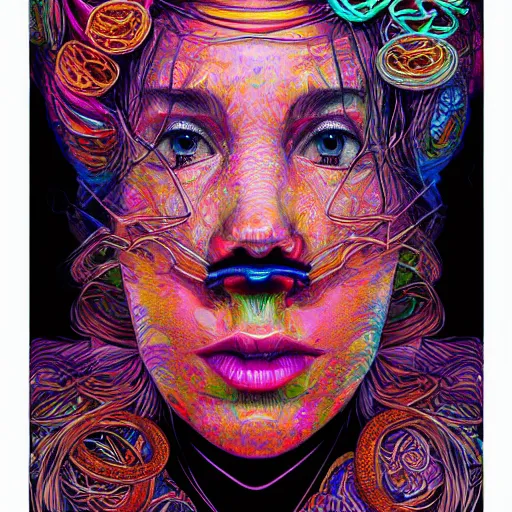 Image similar to the head of a ridiculously beautiful and pretty woman partially made of onion rings of all colors looking up, an ultrafine detailed illustration by james jean, final fantasy, intricate linework, bright colors, behance contest winner, vanitas, angular, altermodern, unreal engine 5 highly rendered, global illumination, radiant light, detailed and intricate environment