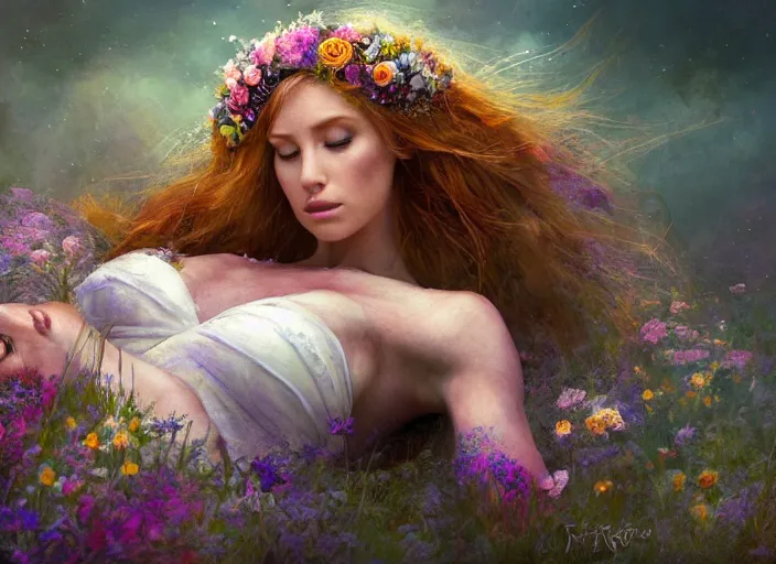 Image similar to cute female bride laying down and swathed in flowers, perfect face, tiara, ginger hair, abs, cinematic, freckles, stunning, athletic, strong, agile, highly detailed, psychedelic, digital painting, artstation, smooth, hard focus, illustration, art by jessica rossier and and brian froud