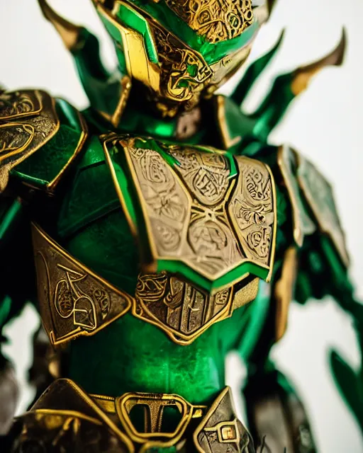 Prompt: an elf ranger wearing green and gold futuristic mecha armor with ornate rune carvings and glowing lining, very detailed, shot in canon 50mm f/1.2,