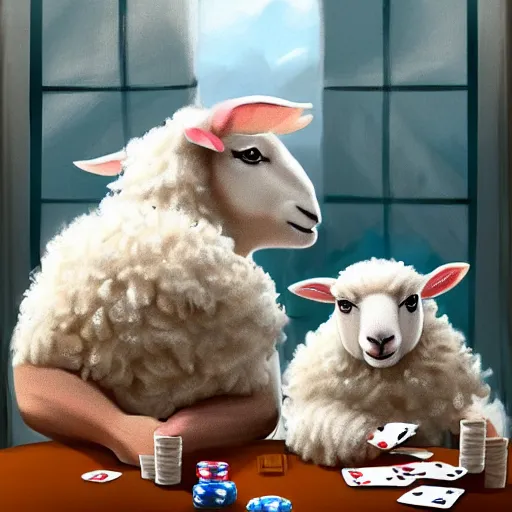 Prompt: Two sheeps playing poker digital art Trending on Artstation